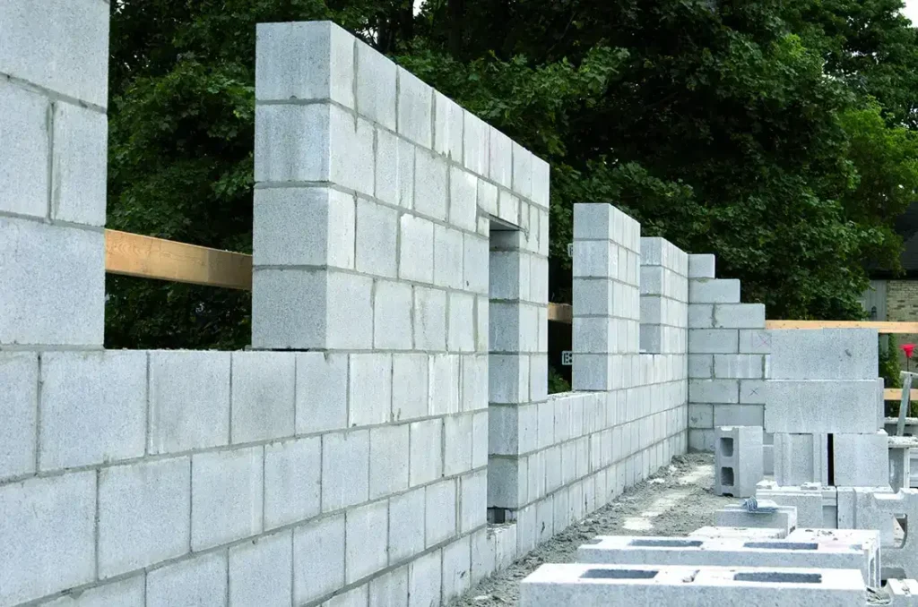 Partially built cinder block wall for a 1500 sq ft house with window and door openings, set outdoors.