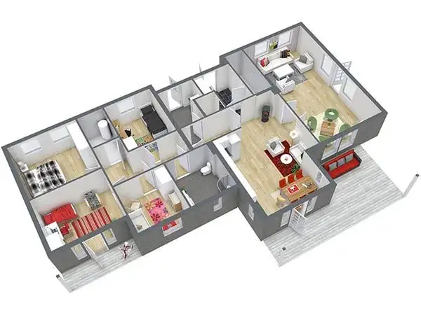 3D floor plan of a 4-bedroom house with furniture, showing layout for cost estimation.