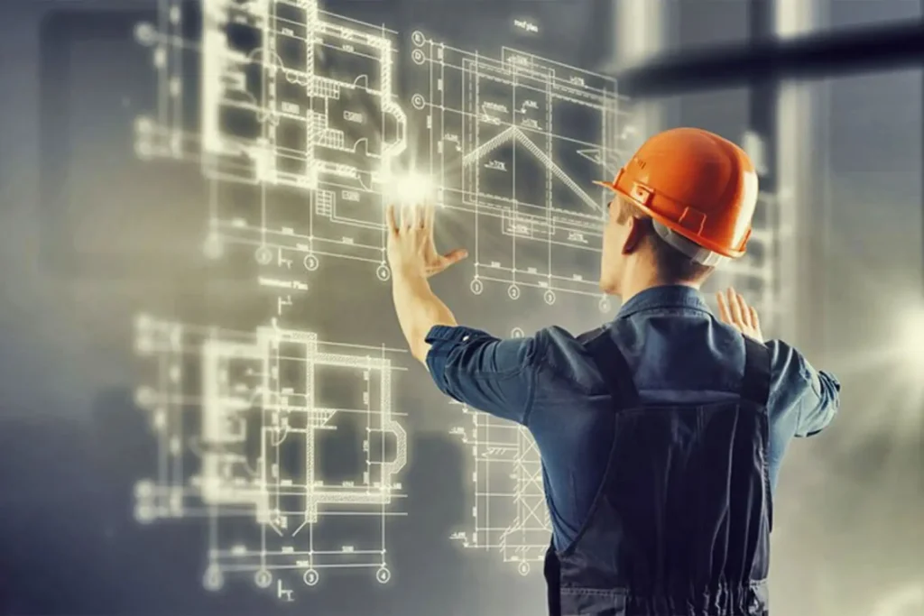 A man in a hard hat and overalls studies a blueprint, highlighting training and development in construction.