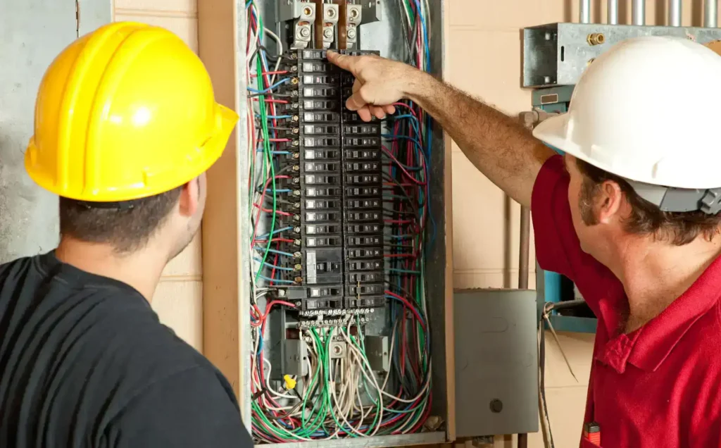 Two electricians replace an electrical panel.