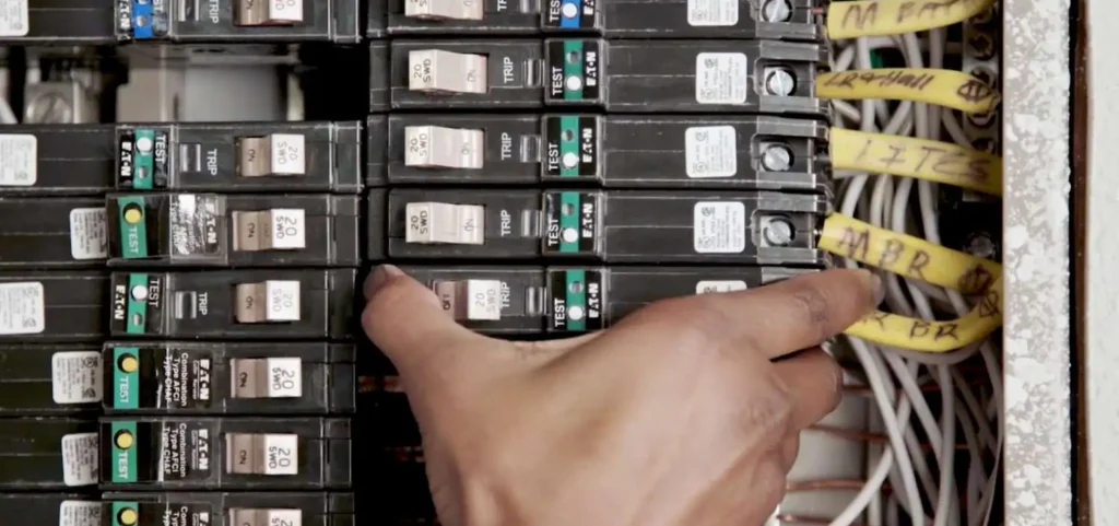 Hand replacing a circuit breaker in an electrical panel.