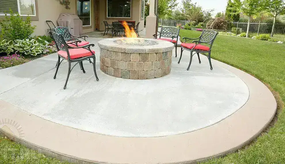 Concrete patio with a fire pit and seating in a landscaped backyard.