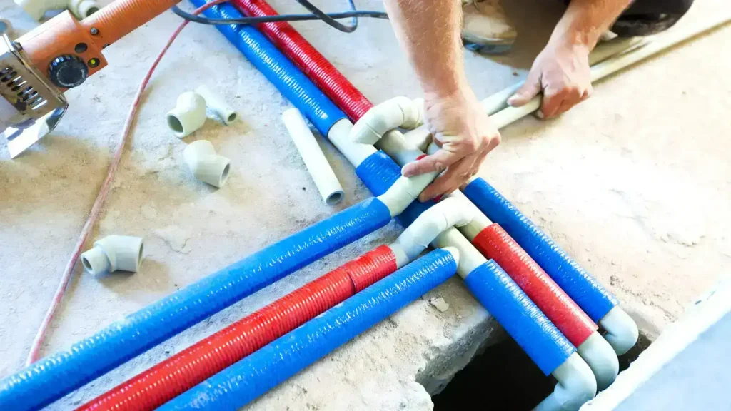 plumber's hands working on a pipe joint during a house repiping.