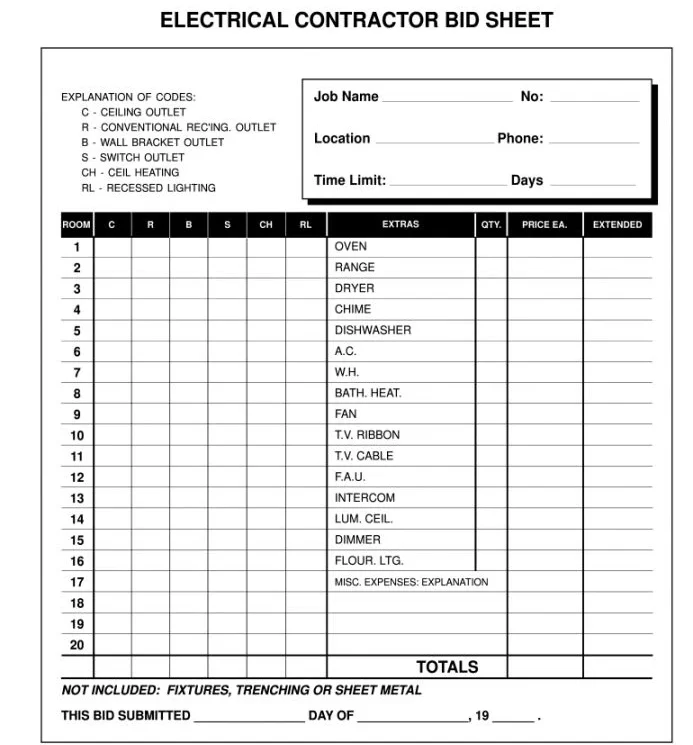 electrical bid sheet